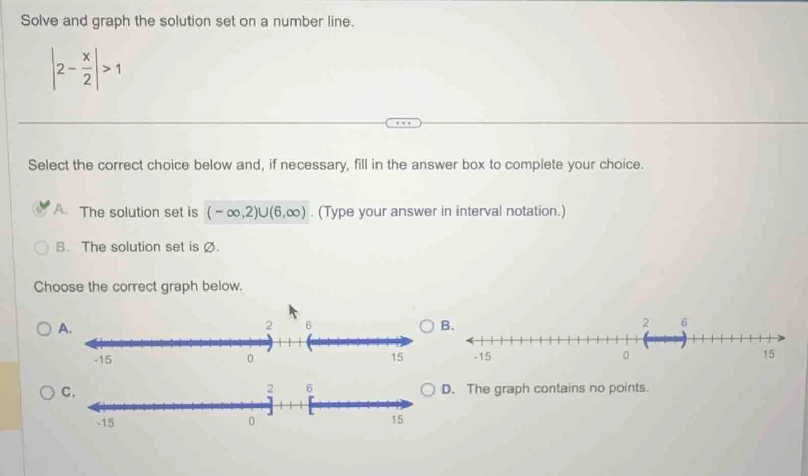 solve and graph the solution set on a number line. $left|2 - \frac{x}{2…