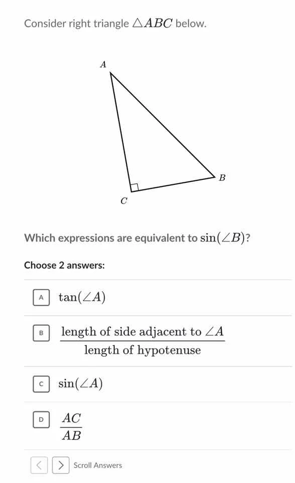 consider right triangle $\\triangle abc$ below. which expressions are e…
