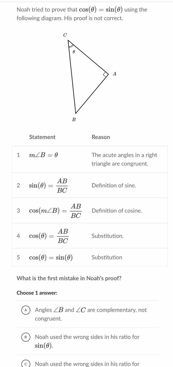 noah tried to prove that $cos(\theta) = sin(\theta)$ using the followin…