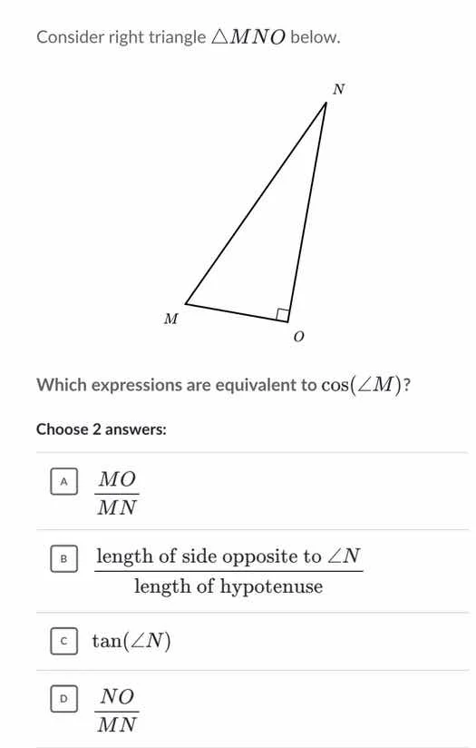consider right triangle $\\triangle mno$ below. which expressions are e…