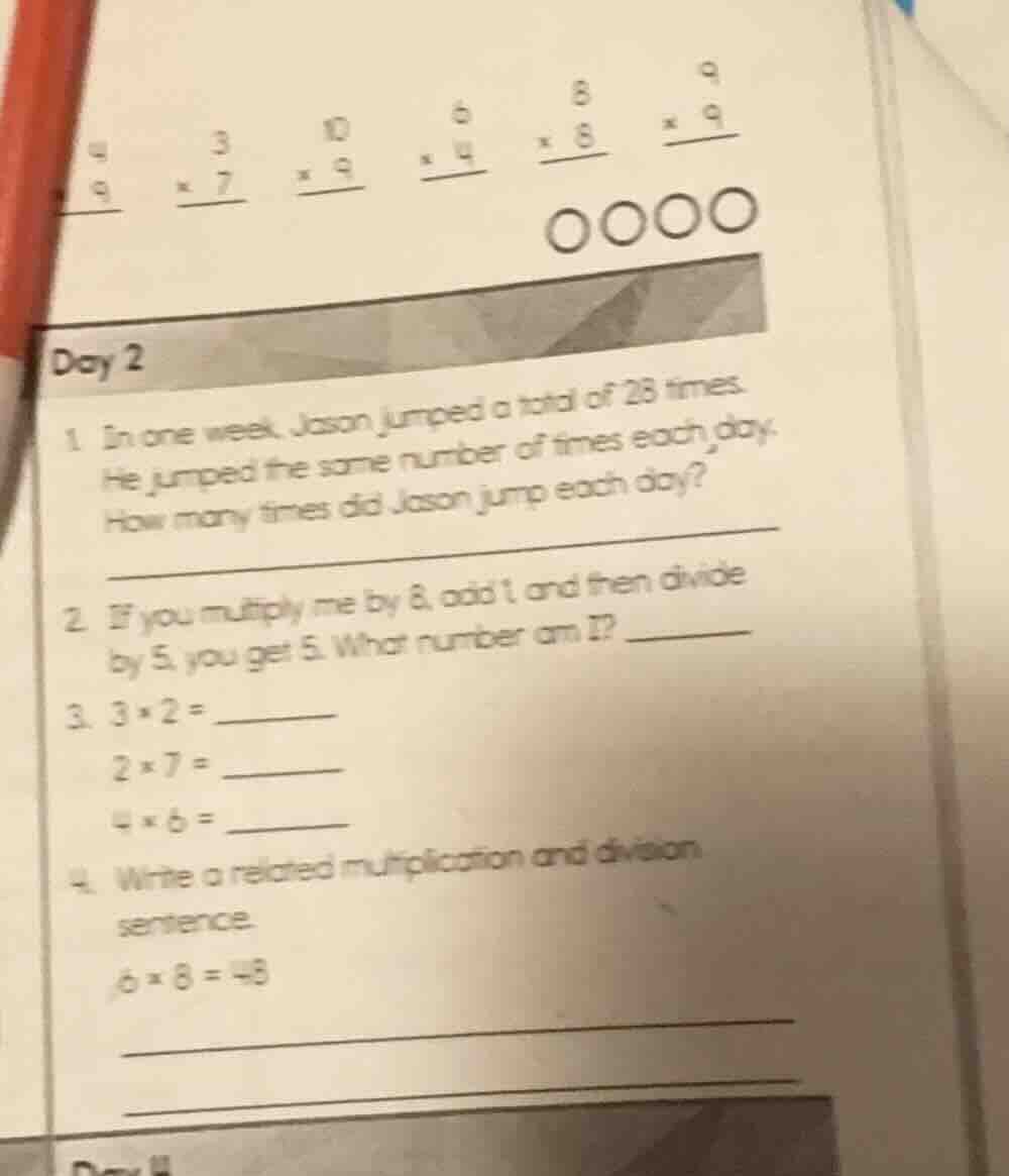 day 2 1. in one week, jason jumped a total of 28 times. he jumped the s…