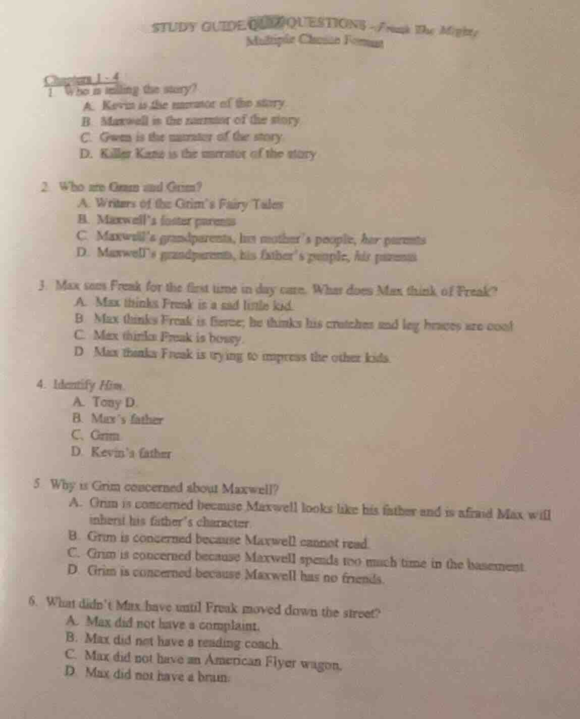 study guide questions - freak the mighty multiple choice format chapter…