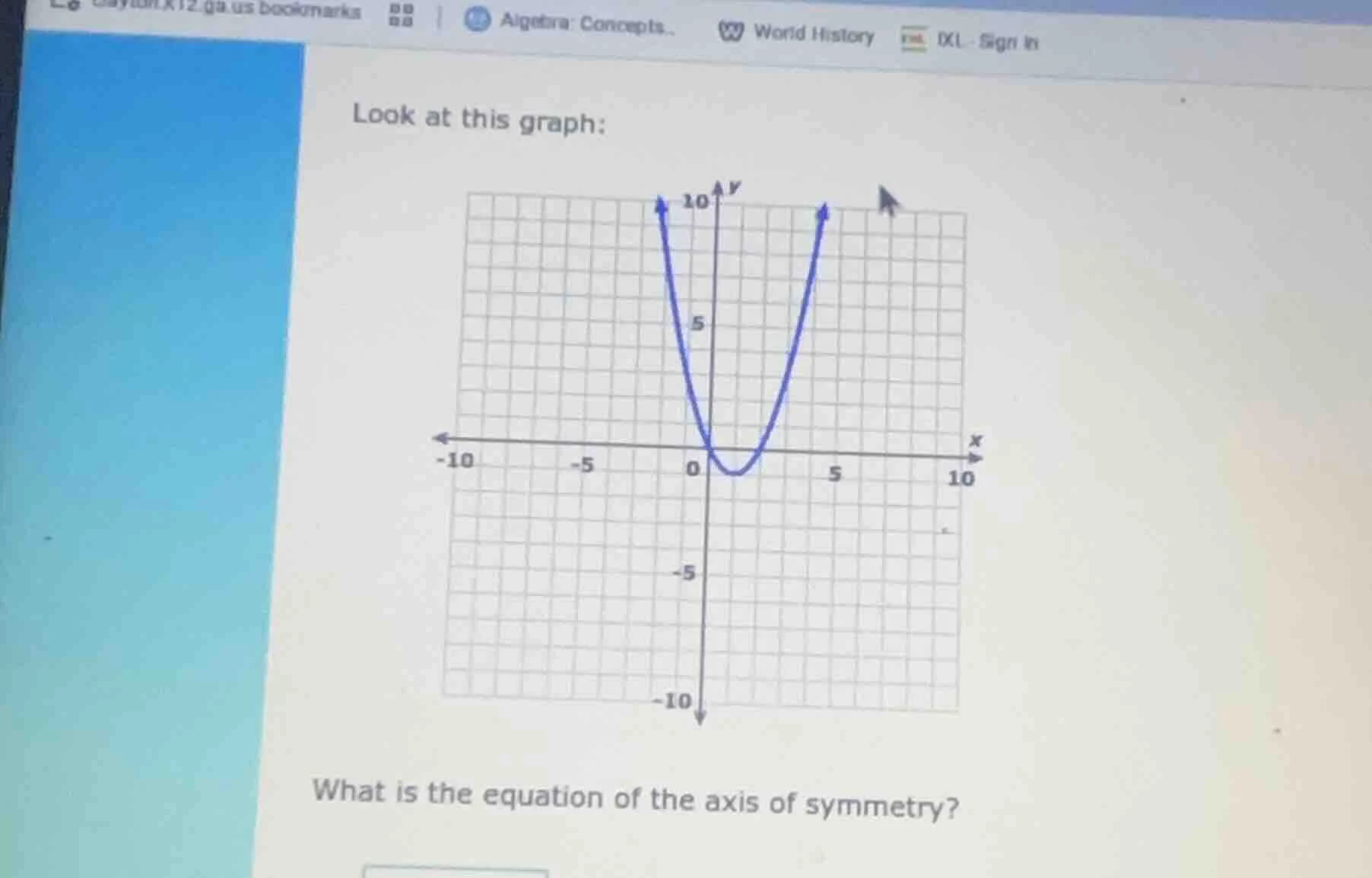 look at this graph: what is the equation of the axis of symmetry?
