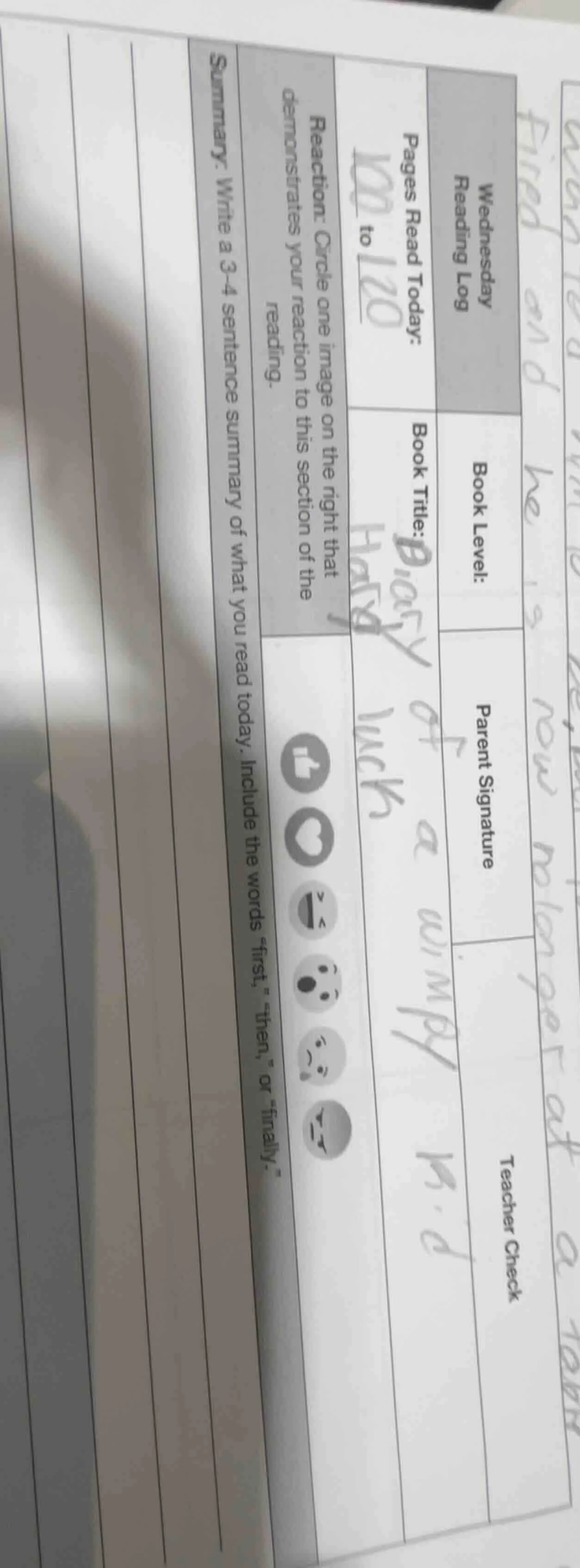 wednesday reading log book level: pages read today: 100 to 120 book tit…