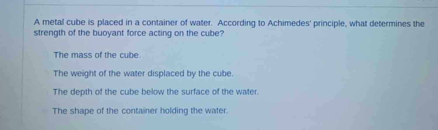 a metal cube is placed in a container of water. according to achimedes …