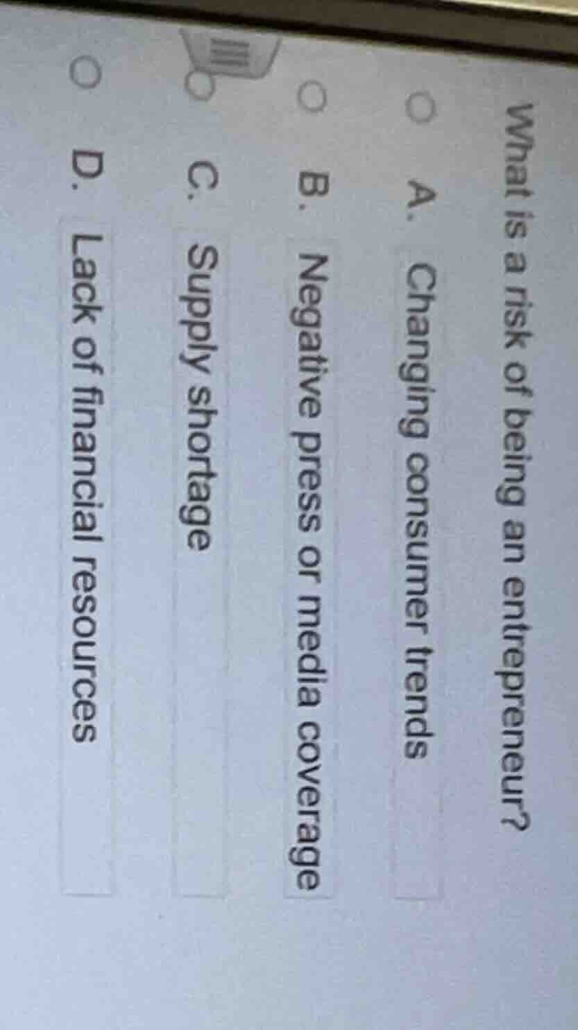 what is a risk of being an entrepreneur? a. changing consumer trends b.…