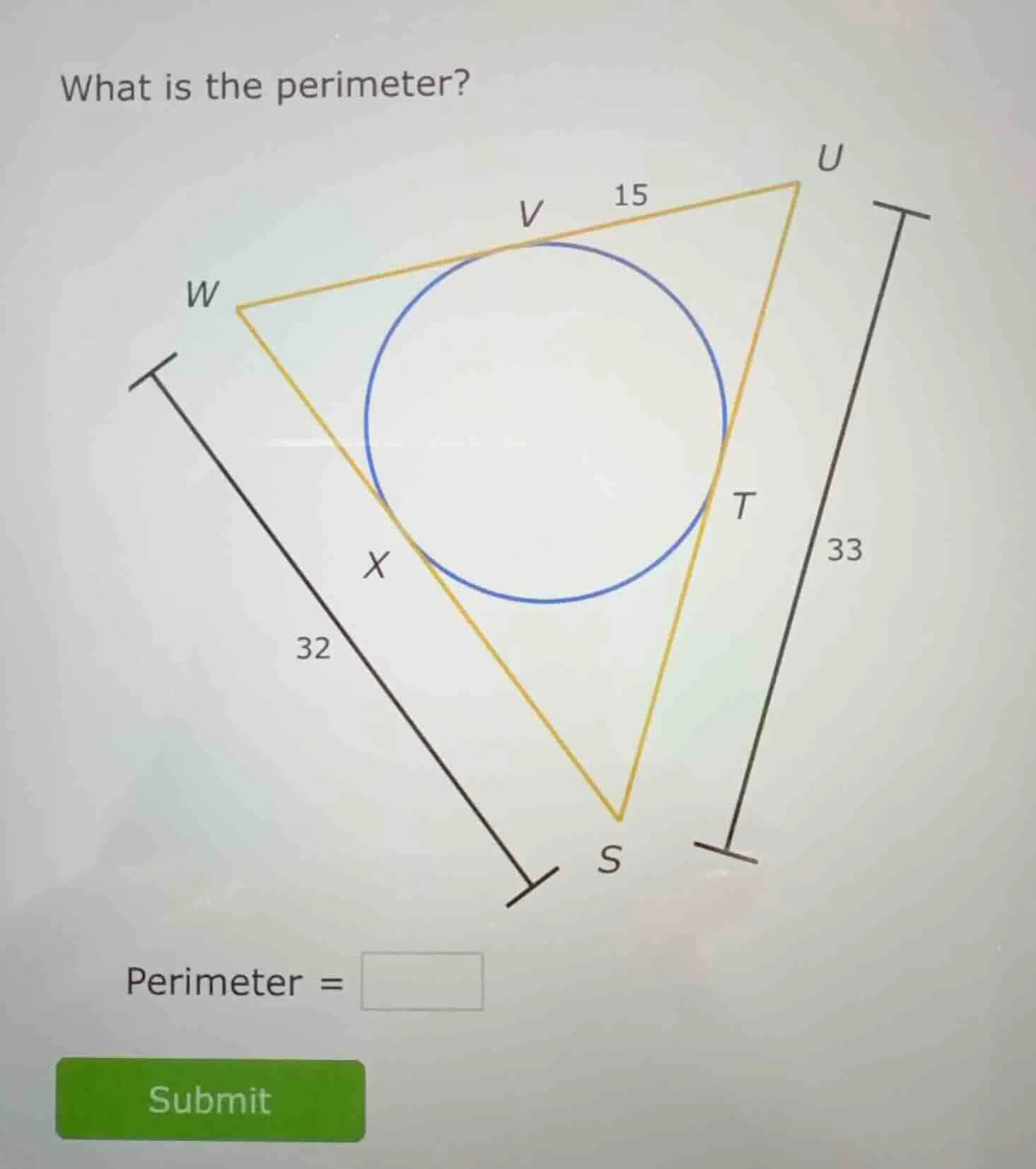 what is the perimeter? 15 33 32 perimeter = submit