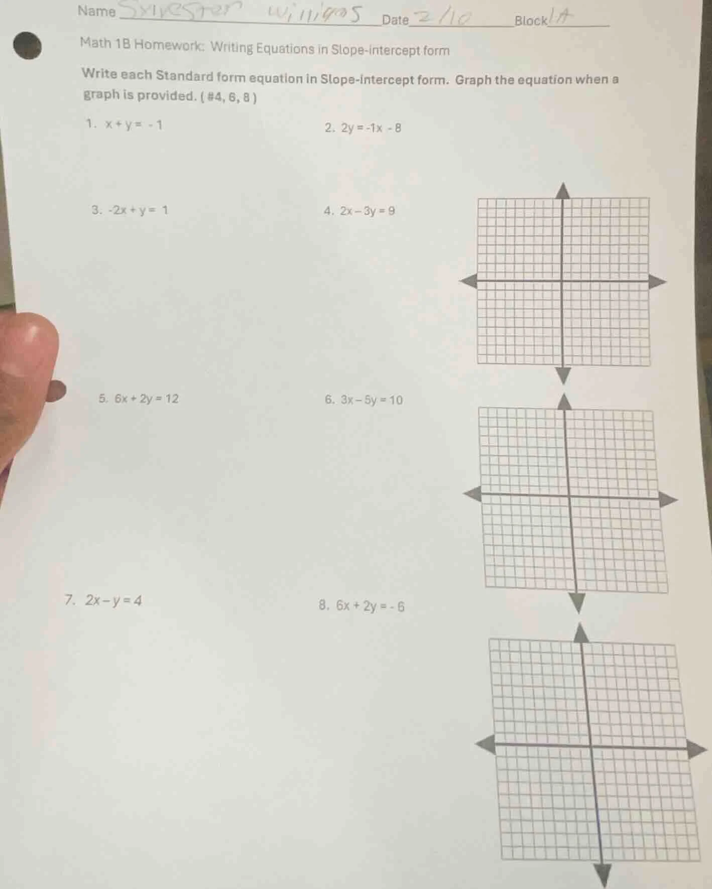 name sylvester williams date 2/10 block 1a math 1b homework: writing eq…