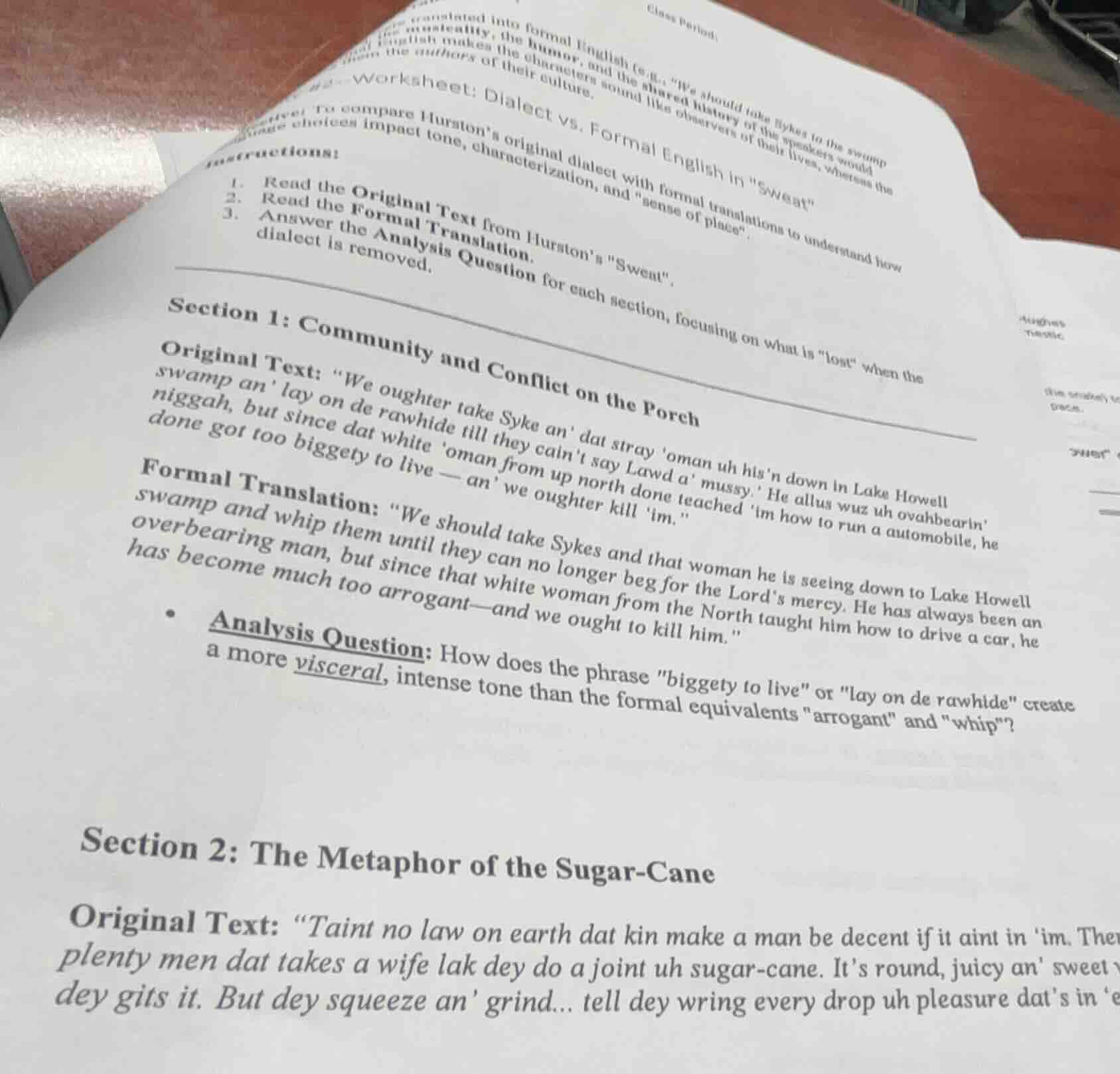 class period:worksheet: dialect vs. formal english in \sweat\objective:…