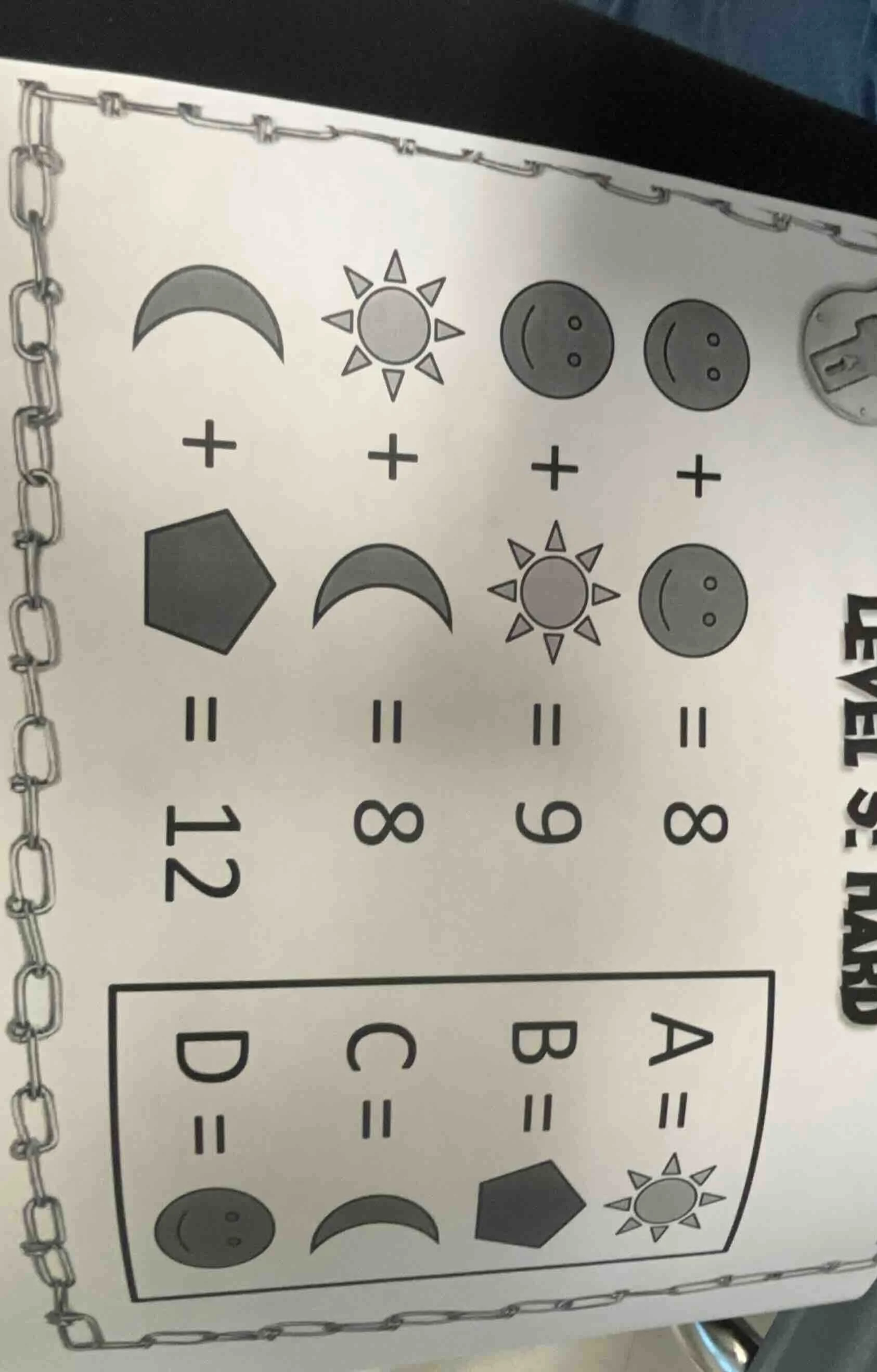 level 5: hard 1. 🌙 + ⬟ = 12 2. ☀ + 🌙 = 8 3. 😊 + ☀ = 9 4. 😊 + 😊 = 8…