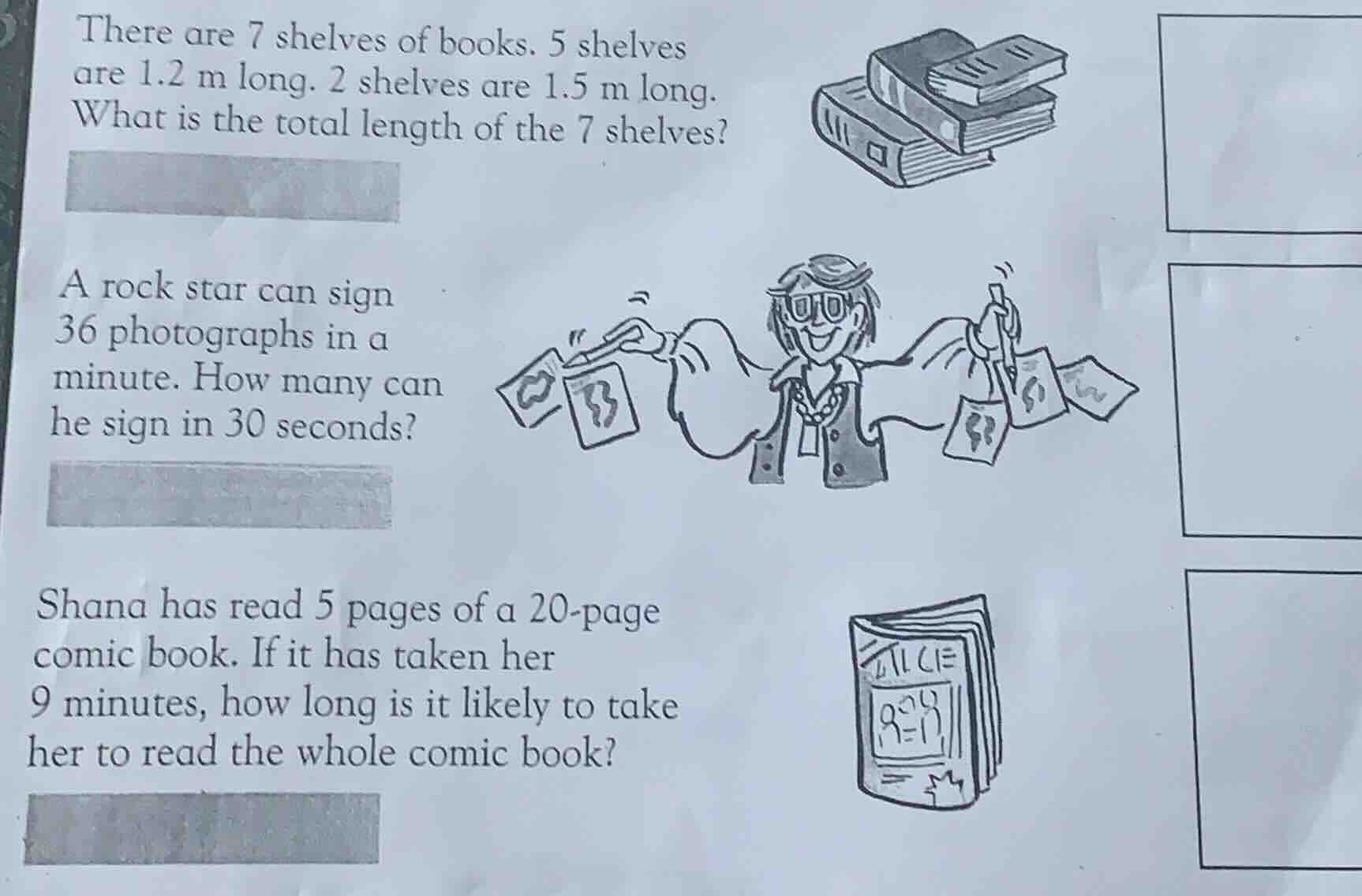 there are 7 shelves of books. 5 shelves are 1.2 m long. 2 shelves are 1…