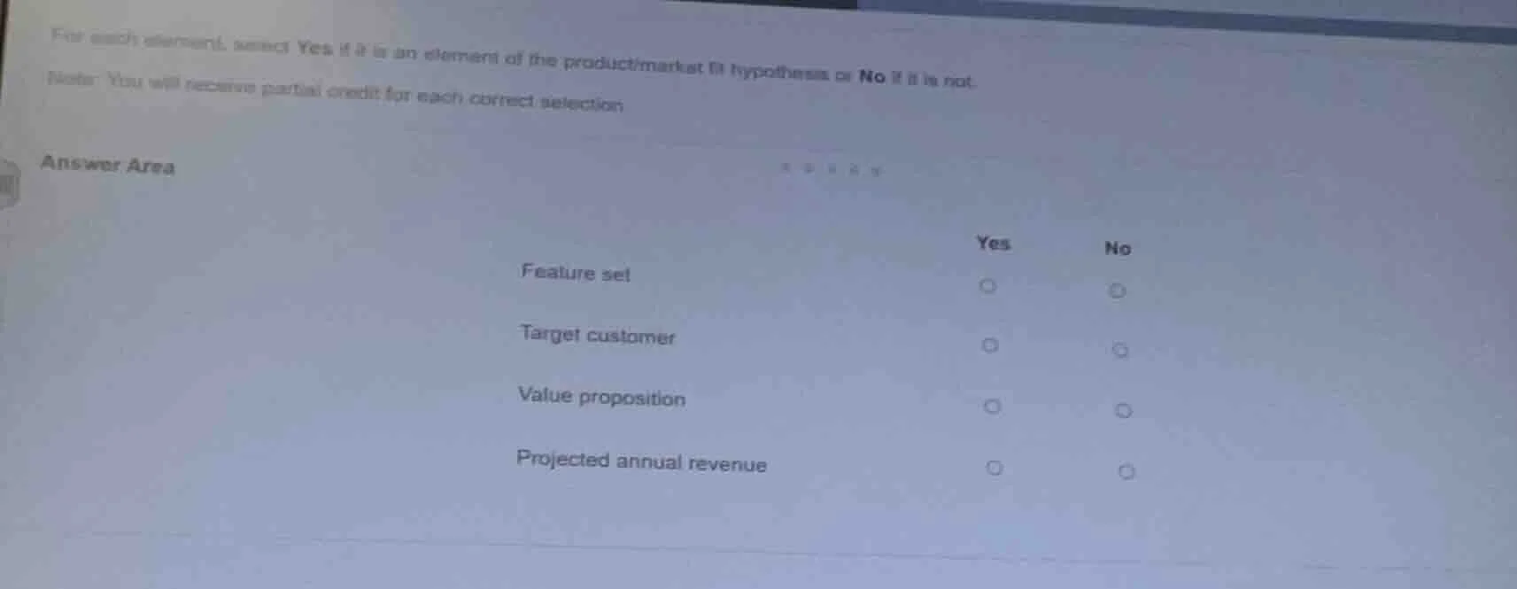 for each element, select yes if it is an element of the product/market …