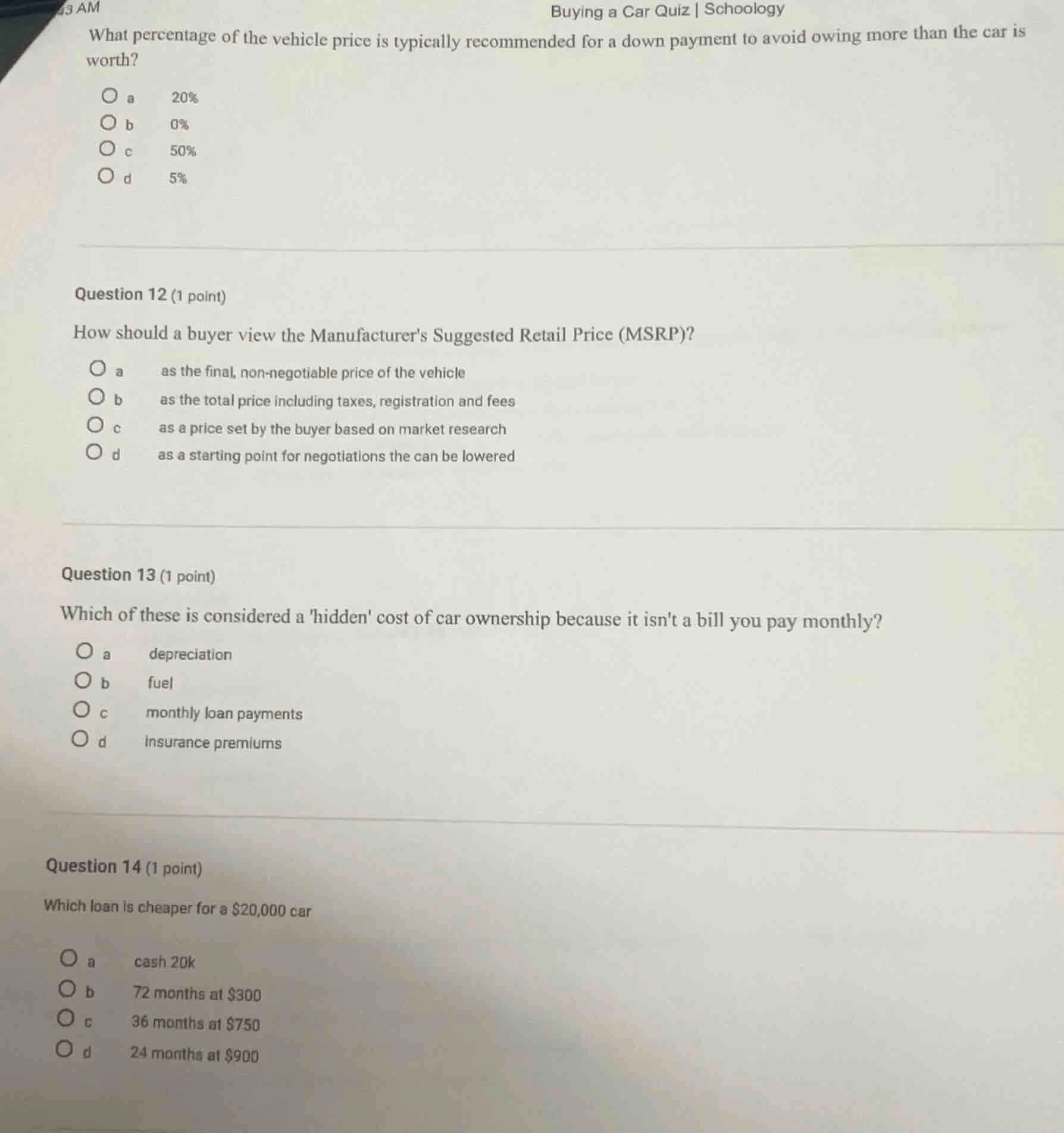 buying a car quiz | schoologywhat percentage of the vehicle price is ty…