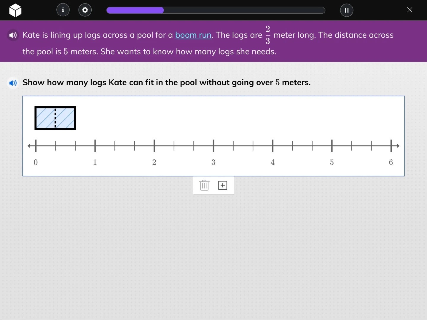 kate is lining up logs across a pool for a boom run. the logs are $\fra…