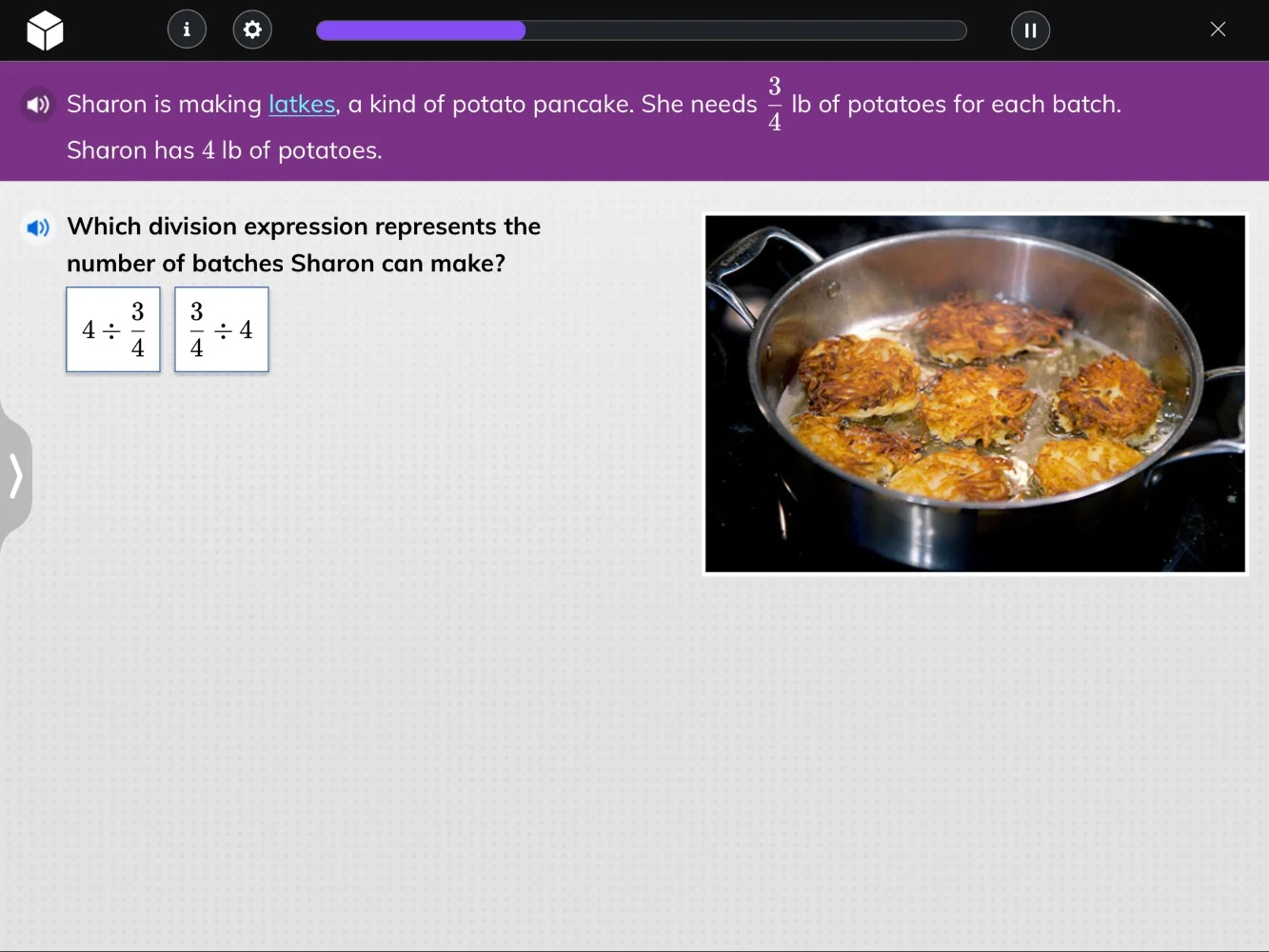 sharon is making latkes, a kind of potato pancake. she needs $\frac{3}{…