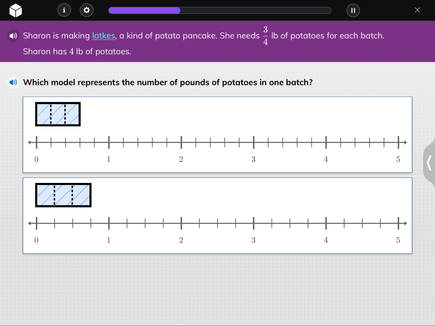 sharon is making latkes, a kind of potato pancake. she needs $\frac{3}{…