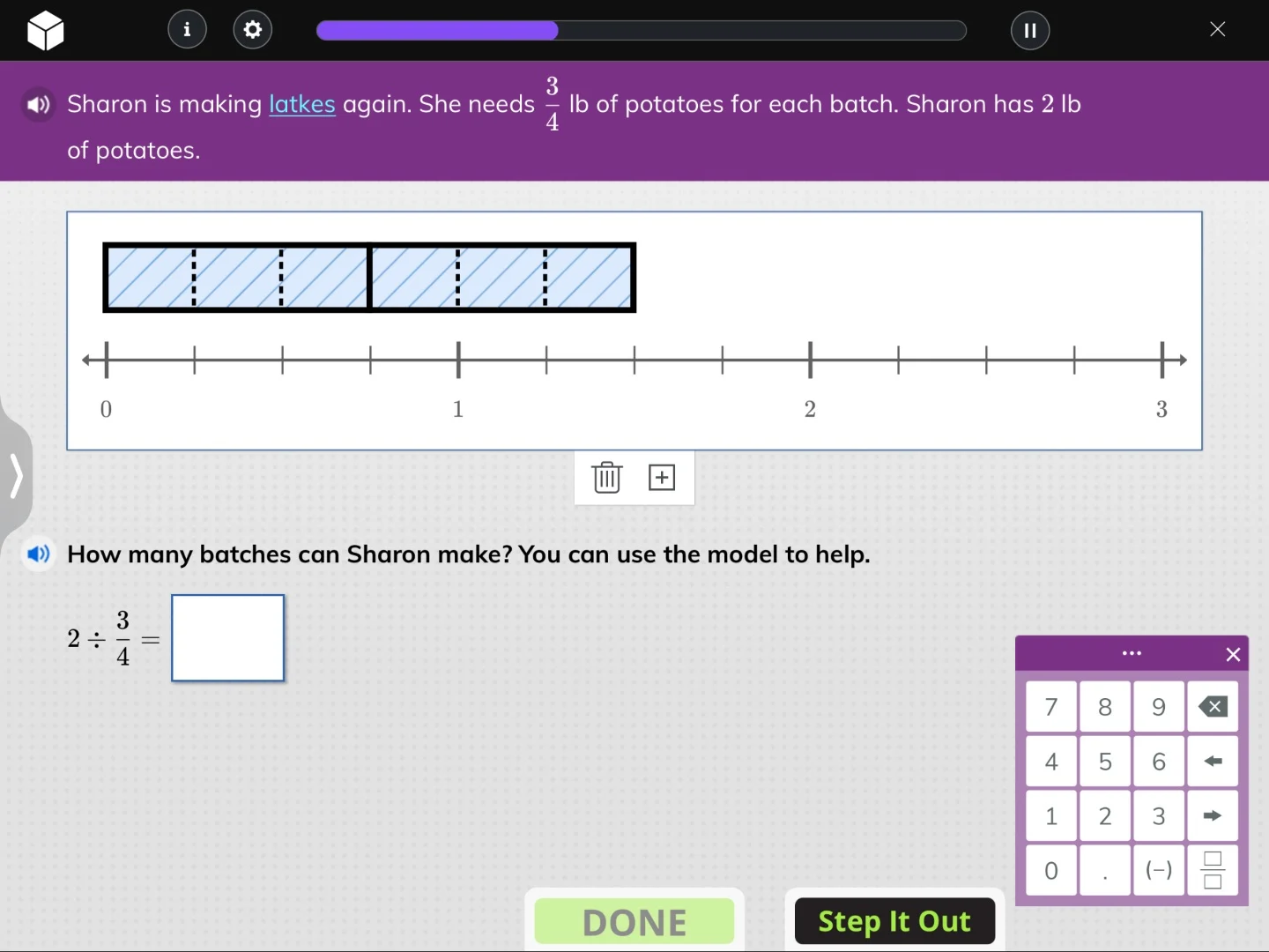 sharon is making latkes again. she needs $\frac{3}{4}$ lb of potatoes f…