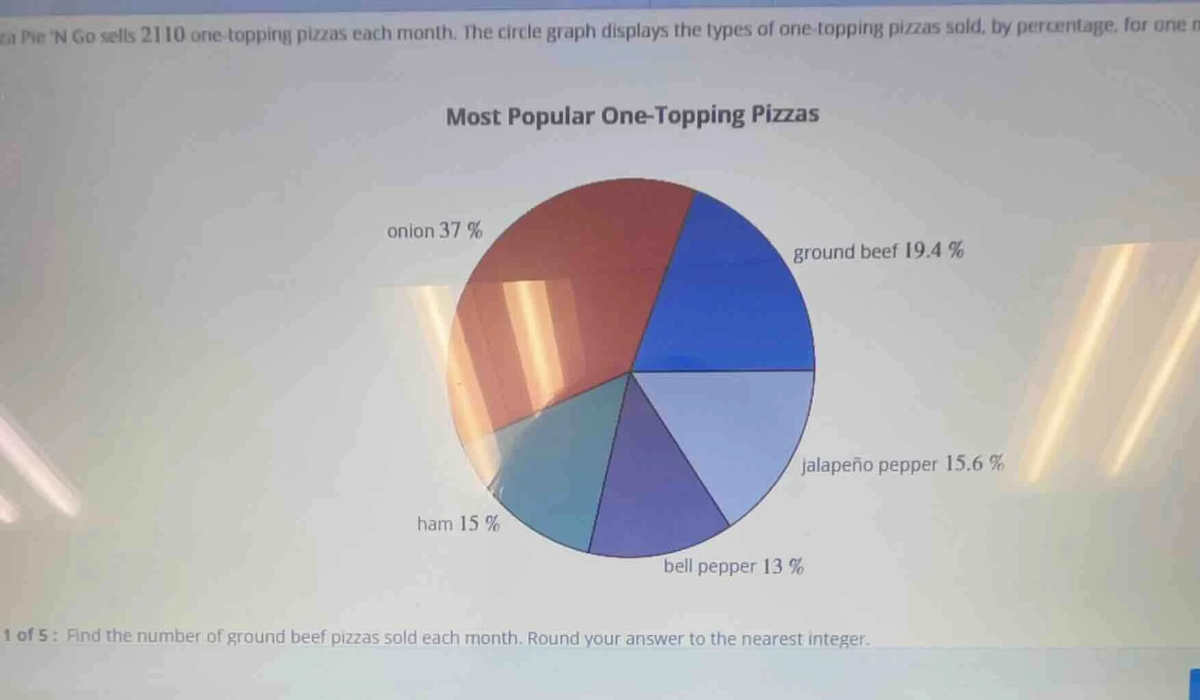 pie n go sells 2110 one-topping pizzas each month. the circle graph dis…