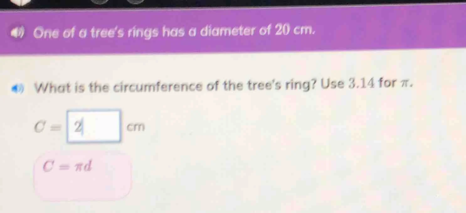 one of a trees rings has a diameter of 20 cm. what is the circumference…