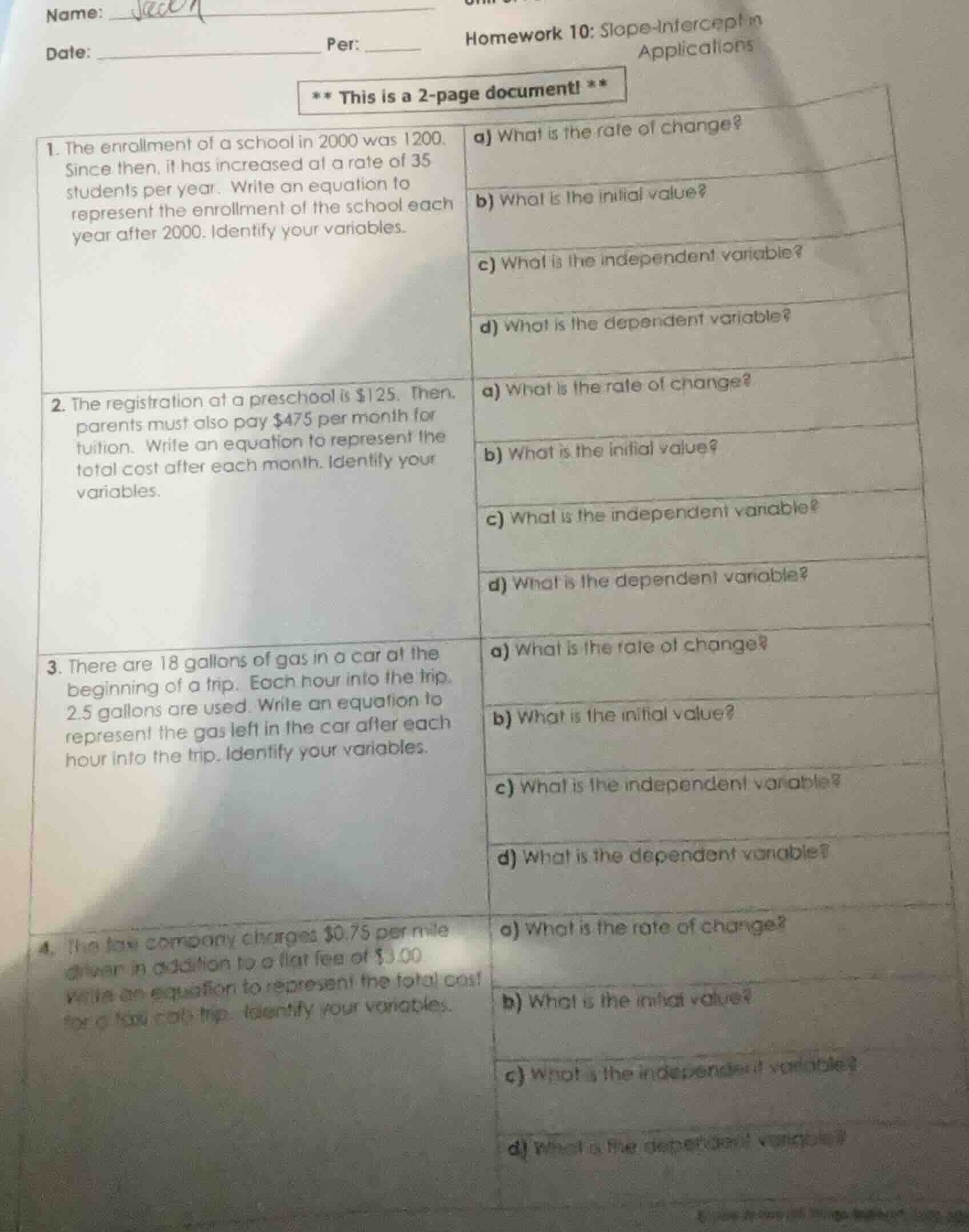 name:date: ______ per: ______homework 10: slope-intercept applications*…