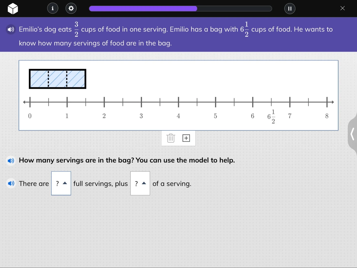 emilios dog eats $\frac{3}{2}$ cups of food in one serving. emilio has …