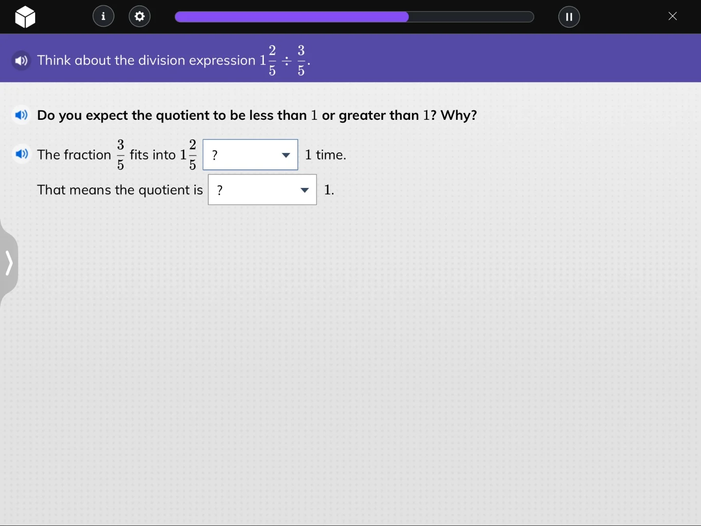 think about the division expression $1\\frac{2}{5} \\div \\frac{3}{5}$.…