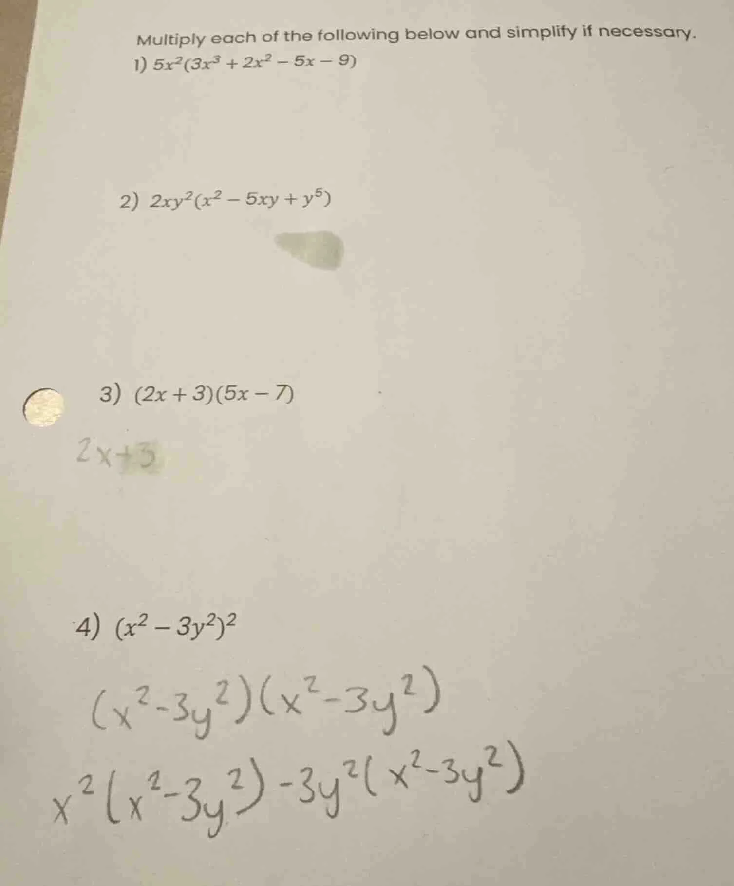 multiply each of the following below and simplify if necessary. 1) $5x^…