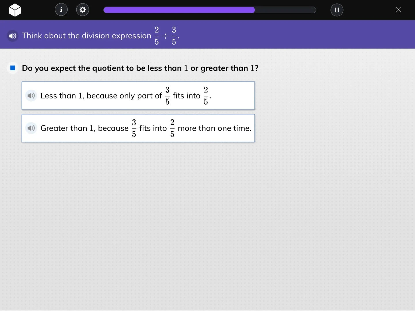 think about the division expression $\frac{2}{5} div \frac{3}{5}$. do y…