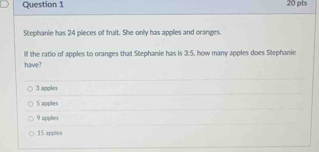 question 1 20 pts stephanie has 24 pieces of fruit. she only has apples…