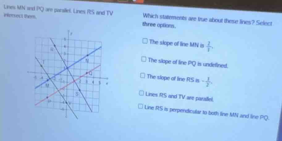 lines mn and pq are parallel. lines rs and tv intersect them. which sta…