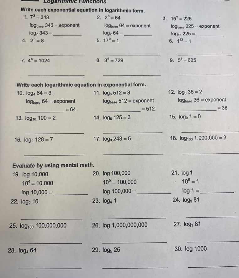 logarithmic functions write each exponential equation in logarithmic fo…