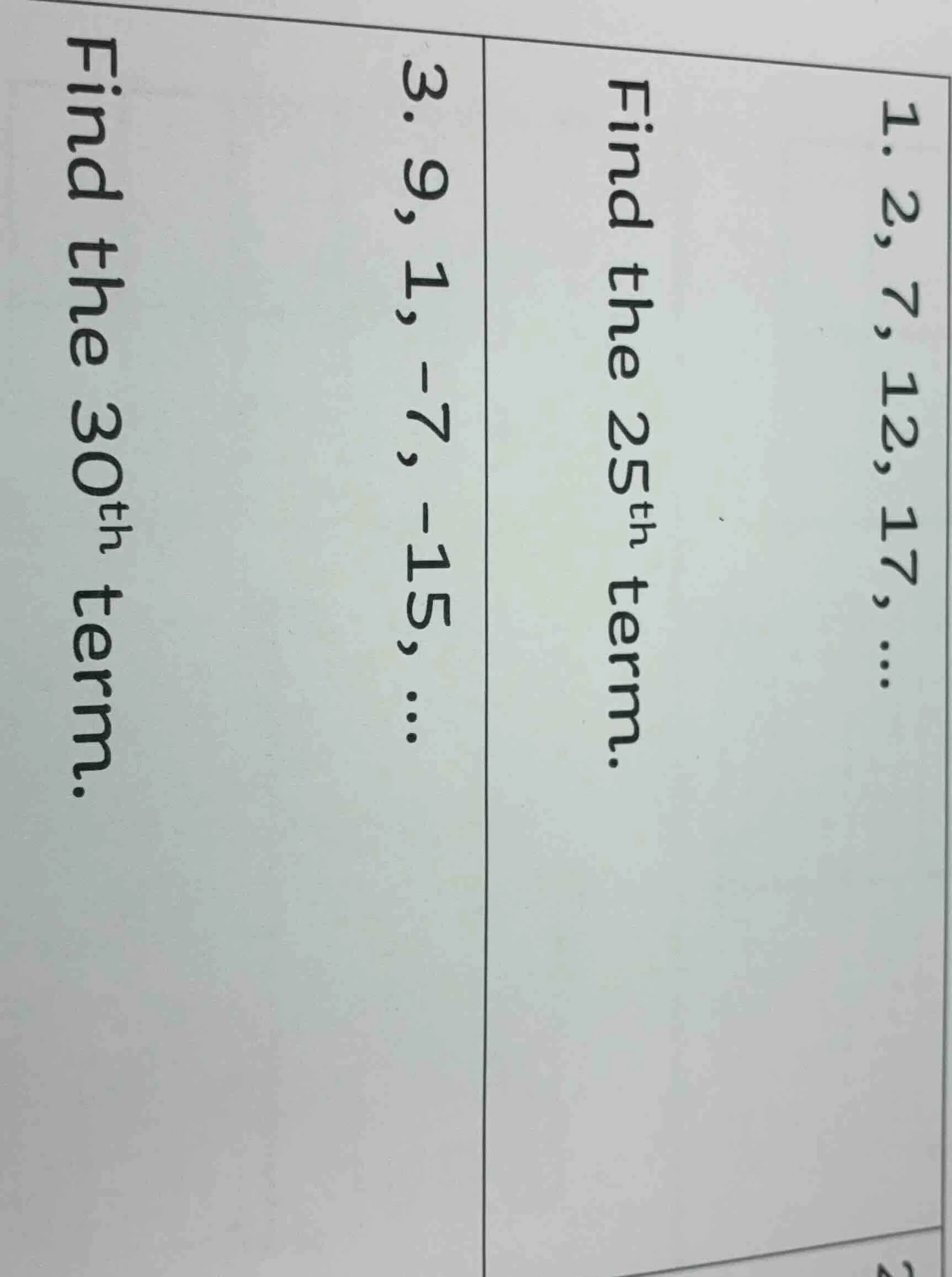 1. 2, 7, 12, 17, ... find the 25th term. 3. 9, 1, -7, -15, ... find the…