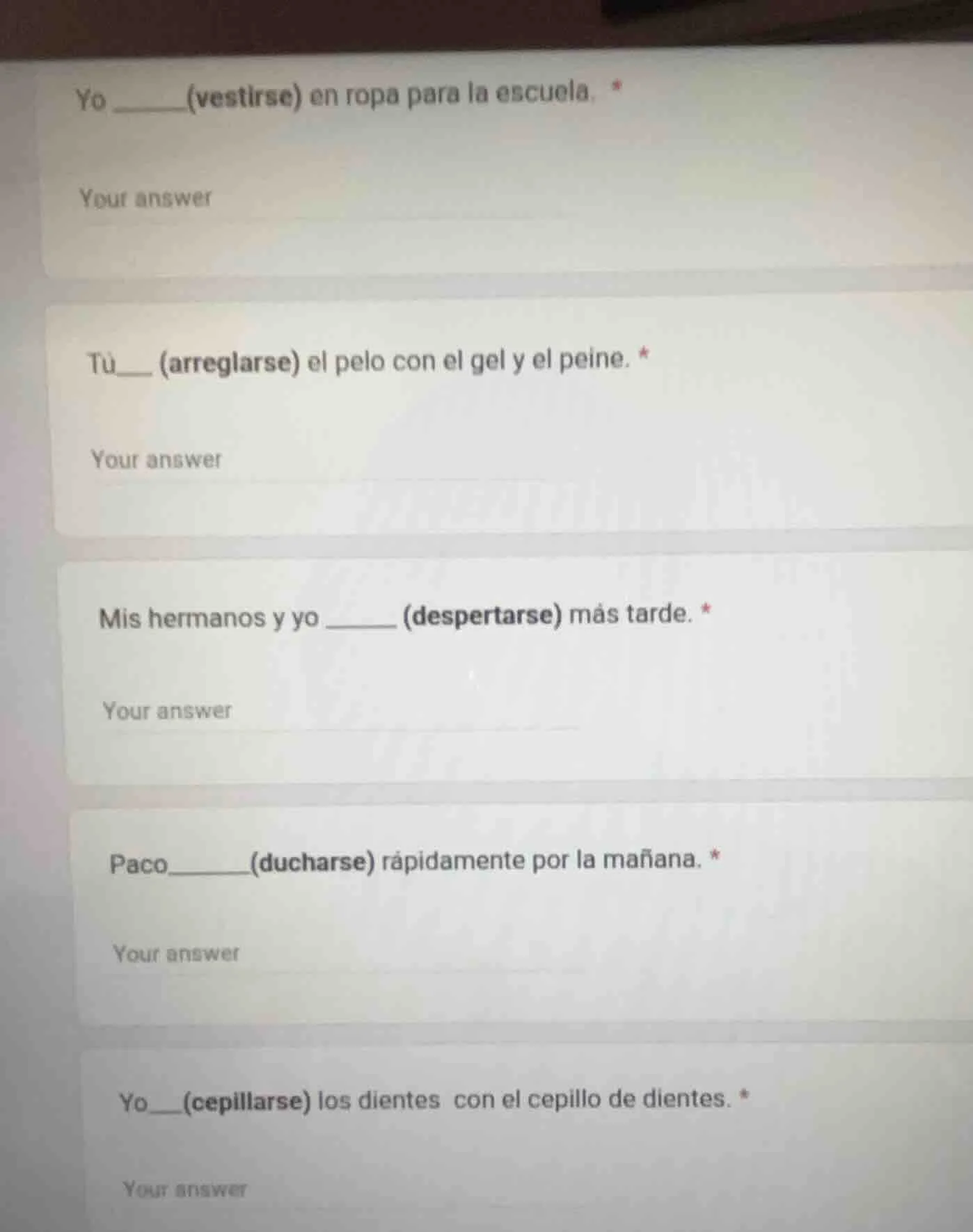 yo ______(vestirse) en ropa para la escuela. * your answer tú____(arreg…