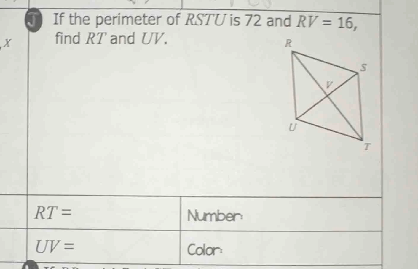 if the perimeter of $rstu$ is 72 and $rv = 16$, find $rt$ and $uv$. $rt…