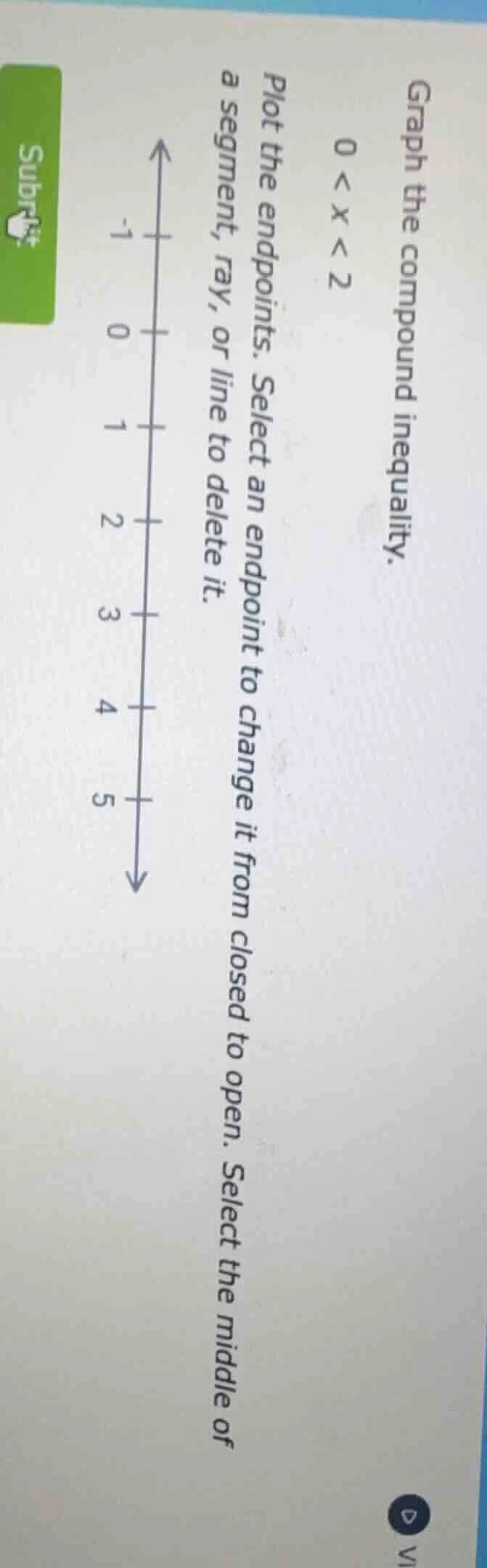 graph the compound inequality. $0 < x < 2$ plot the endpoints. select a…