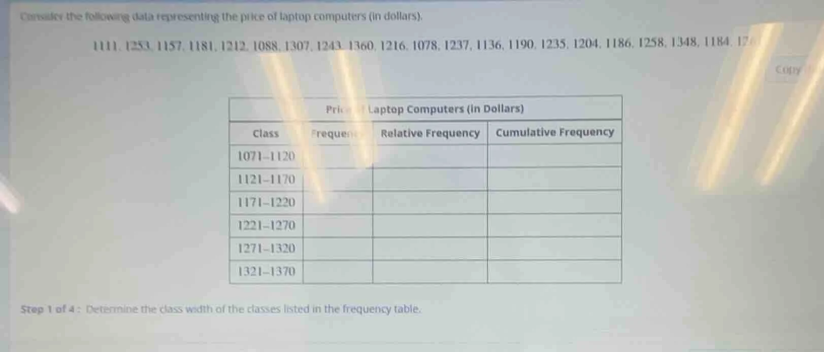consider the following data representing the price of laptop computers …