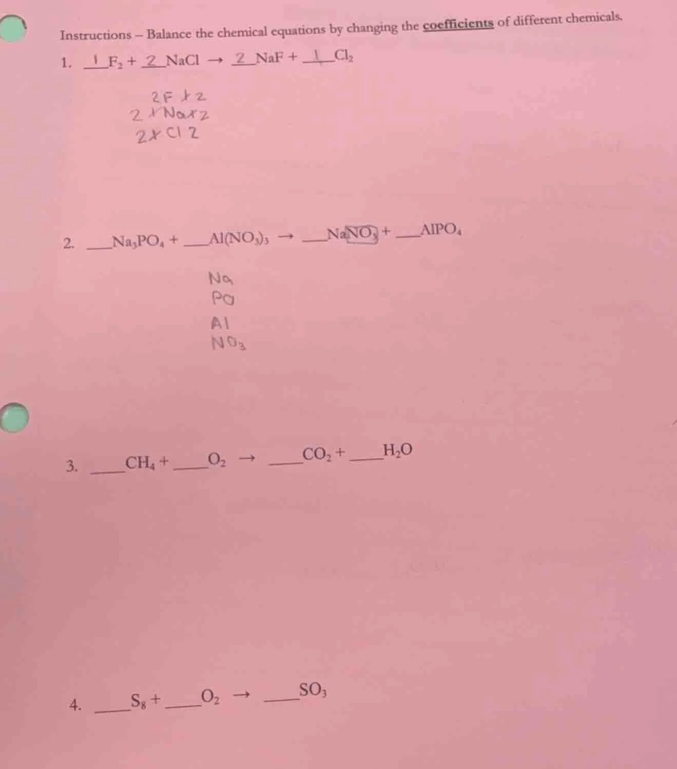 instructions - balance the chemical equations by changing the coefficie…