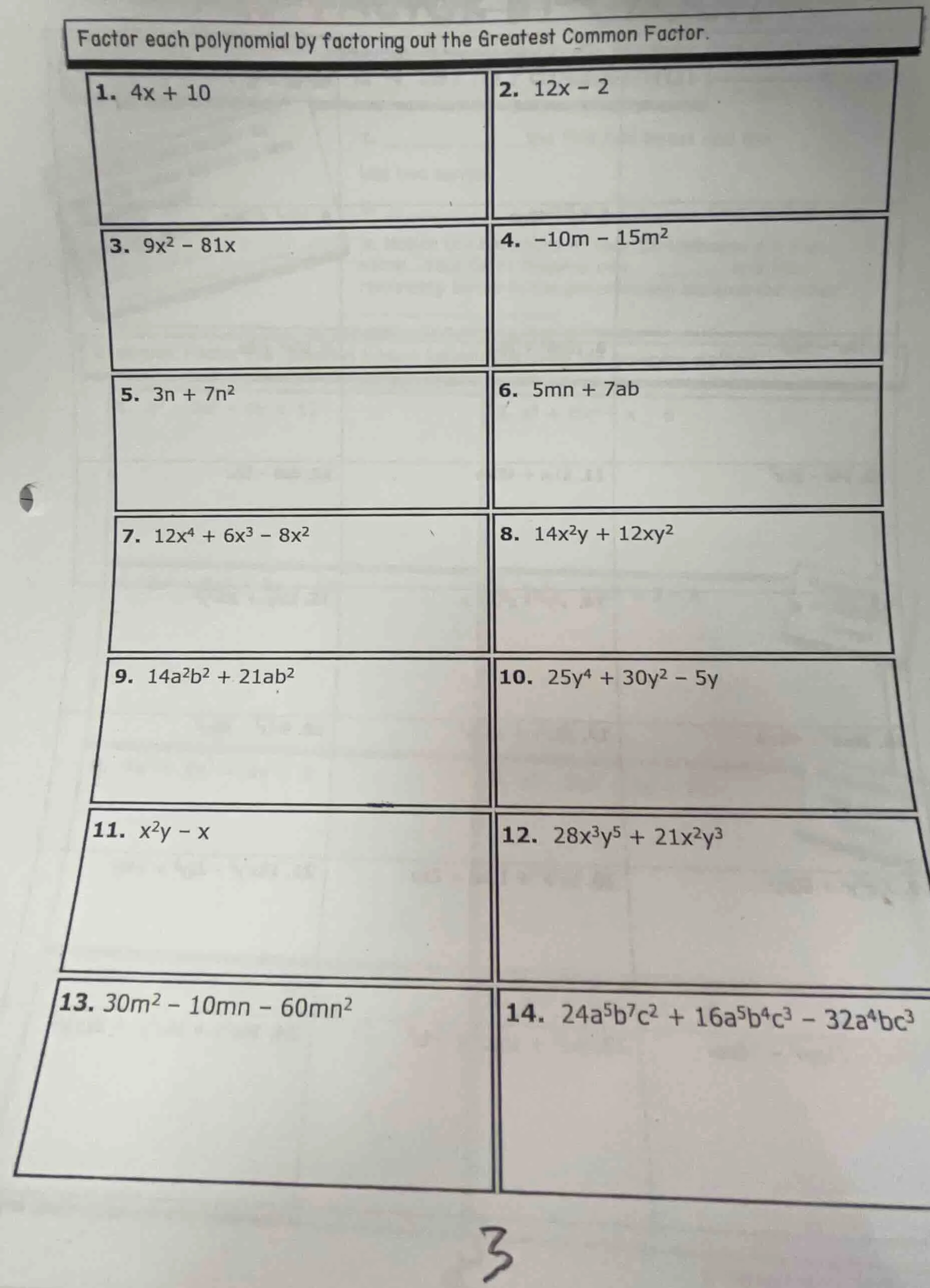 factor each polynomial by factoring out the greatest common factor. 1. …