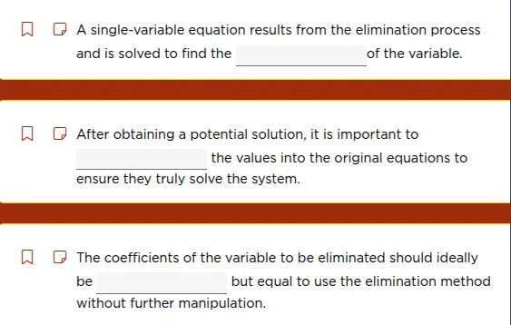 1. a single-variable equation results from the elimination process and …