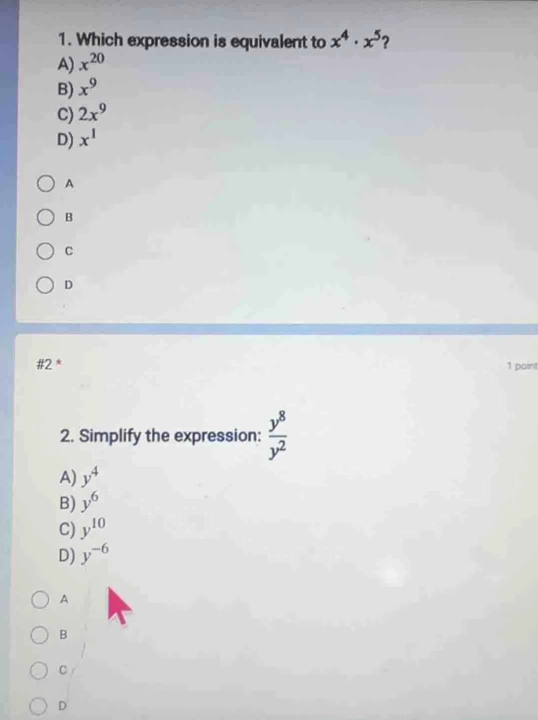 1. which expression is equivalent to $x^4 \\cdot x^5$? a) $x^{20}$ b) $…