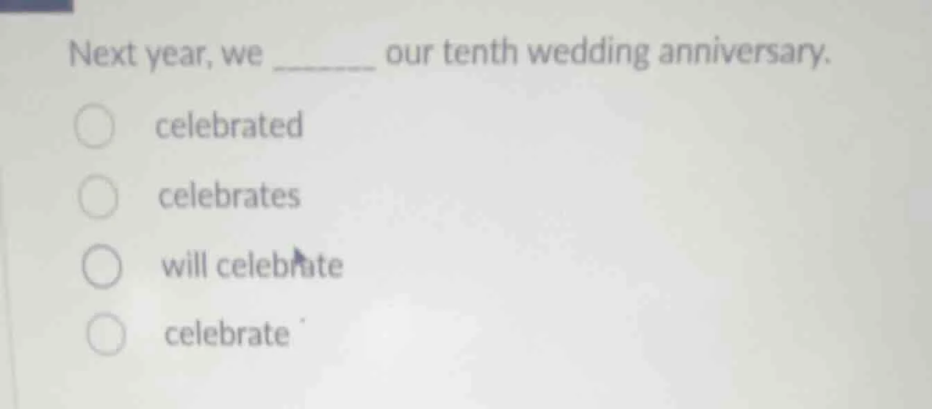 next year, we ______ our tenth wedding anniversary. celebrated celebrat…