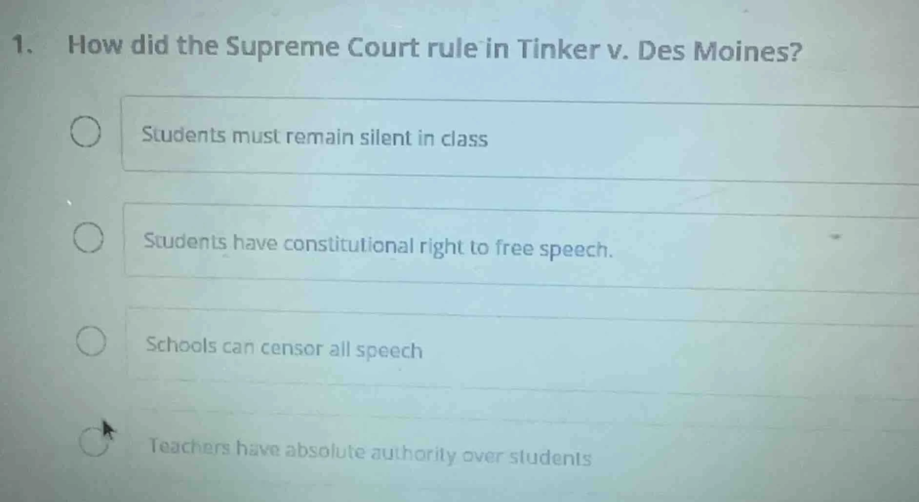 1. how did the supreme court rule in tinker v. des moines? students mus…