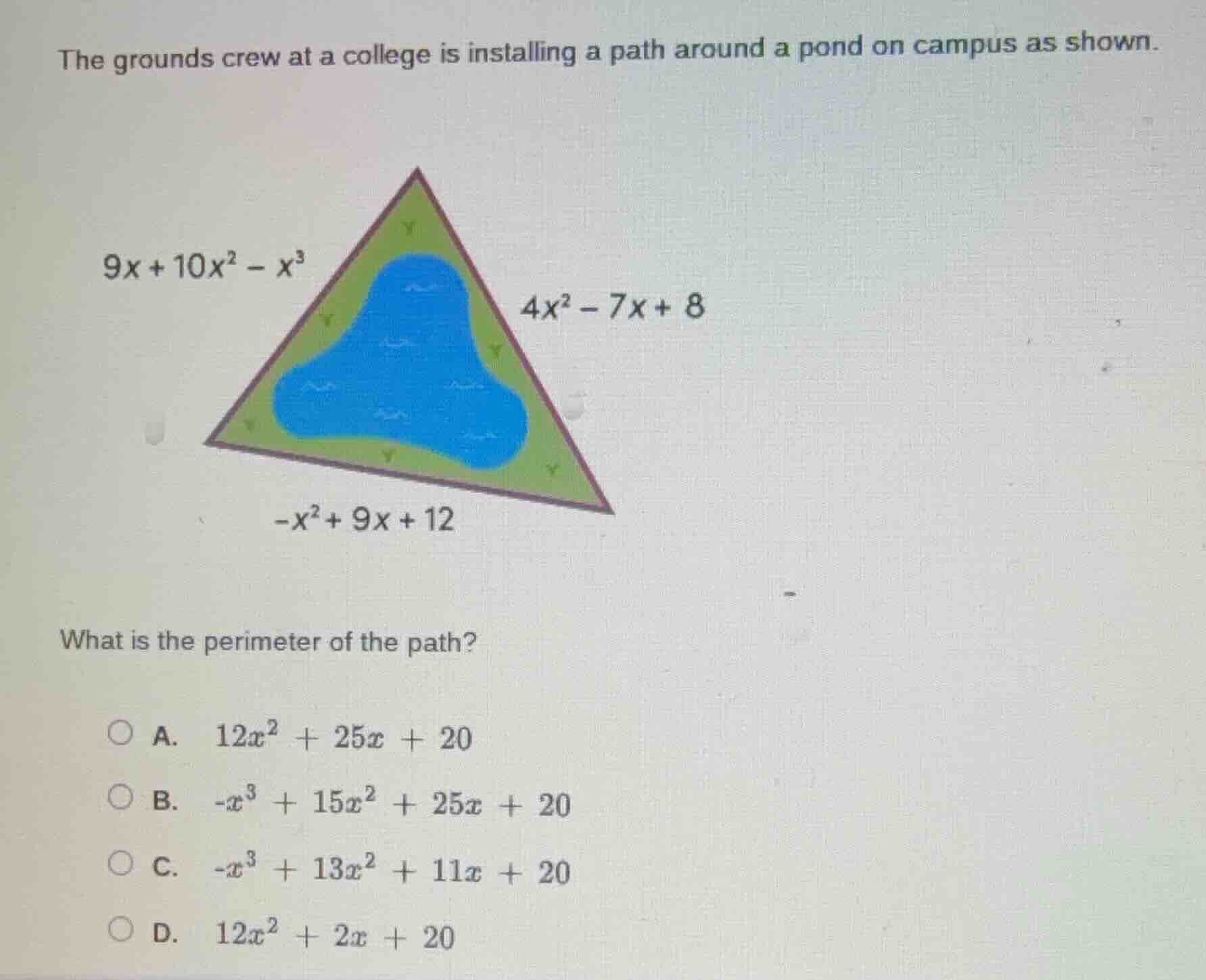 the grounds crew at a college is installing a path around a pond on cam…