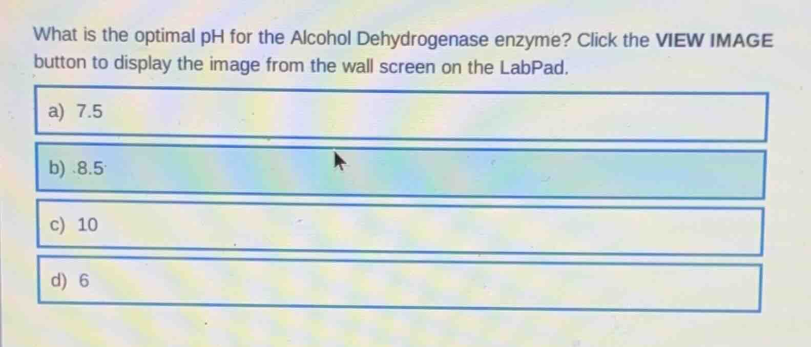 what is the optimal ph for the alcohol dehydrogenase enzyme? click the …