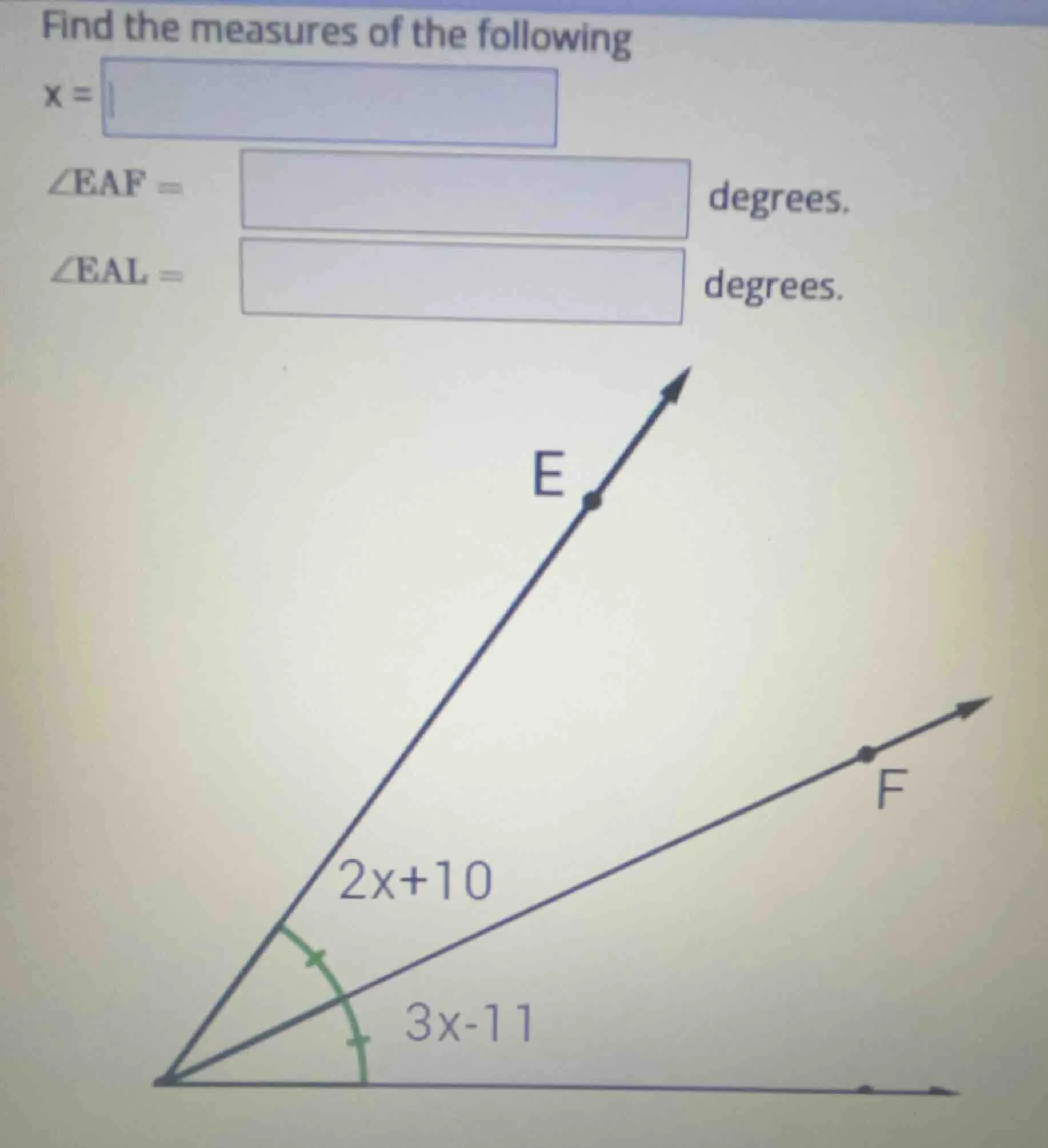 find the measures of the following $x = \\angle eaf = $ degrees. $\\ang…