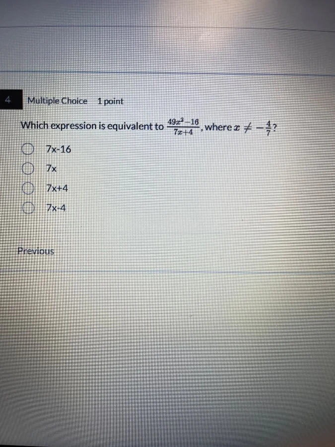 4 multiple choice 1 point which expression is equivalent to $\frac{49x^…