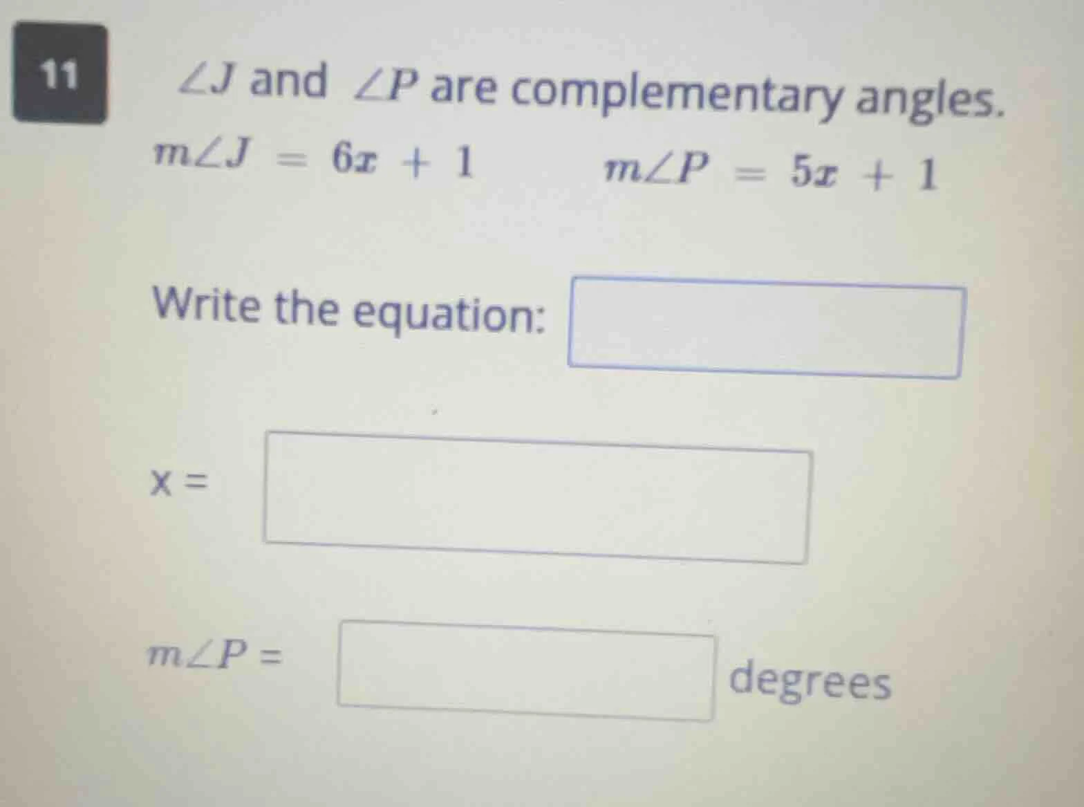 11 $\\angle j$ and $\\angle p$ are complementary angles. $m\\angle j = …