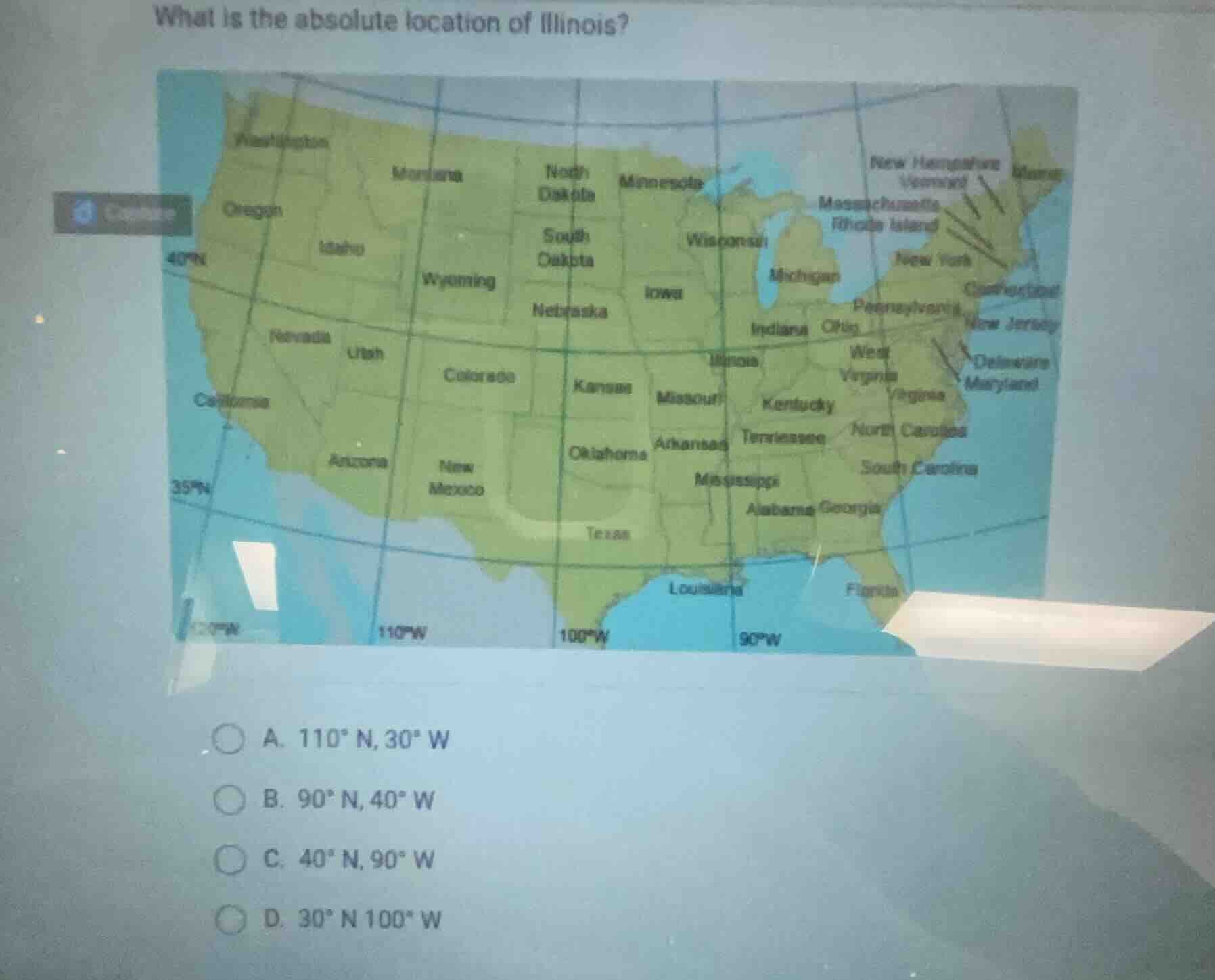 what is the absolute location of illinois? a. $110^\\circ$ n, $30^\\cir…