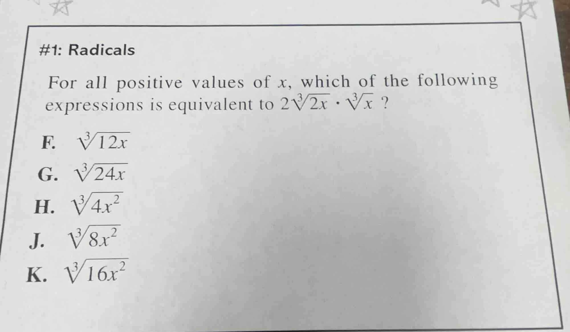 #1: radicals for all positive values of $x$, which of the following exp…