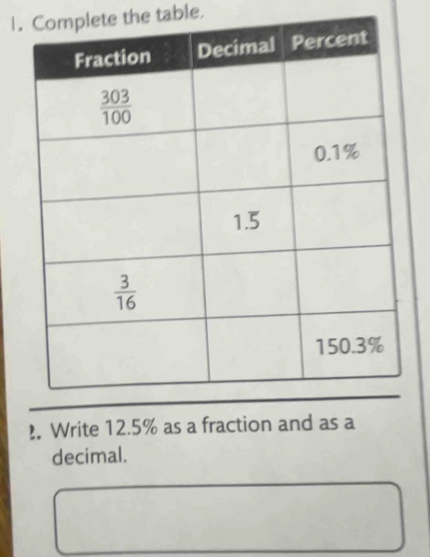1. complete the table. fraction | decimal | percent $\frac{303}{100}$ |…